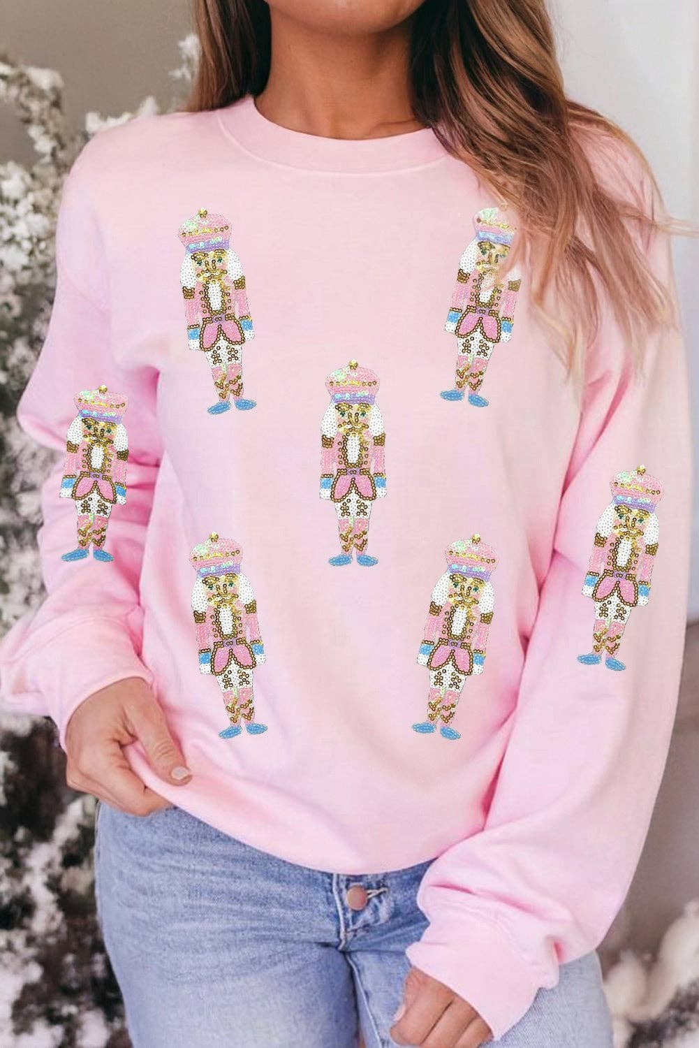 Pink Sequin Christmas Pullover Sweatshirt for wholesale on Faire