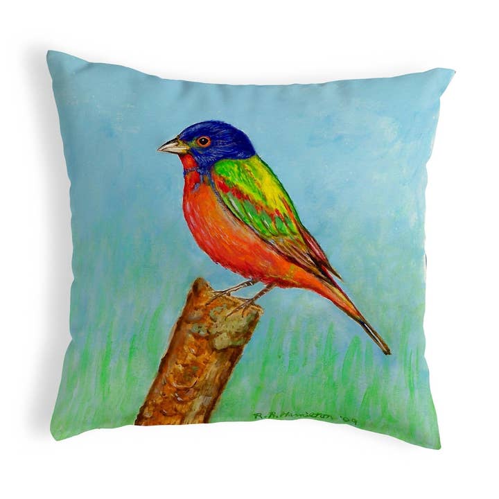 Painted Bunting Pillow for wholesale by Betsy Drake Interiors