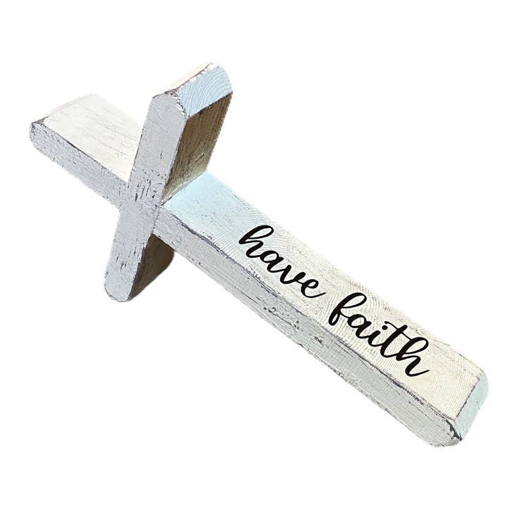 Have Faith Cross - Rustic White Wood Tabletop Decor for wholesale by Joshua Jar