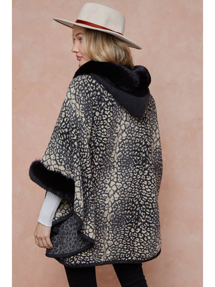 GREY MOCHA Faux Fur Trimmed Hooded Poncho for wholesale on Faire