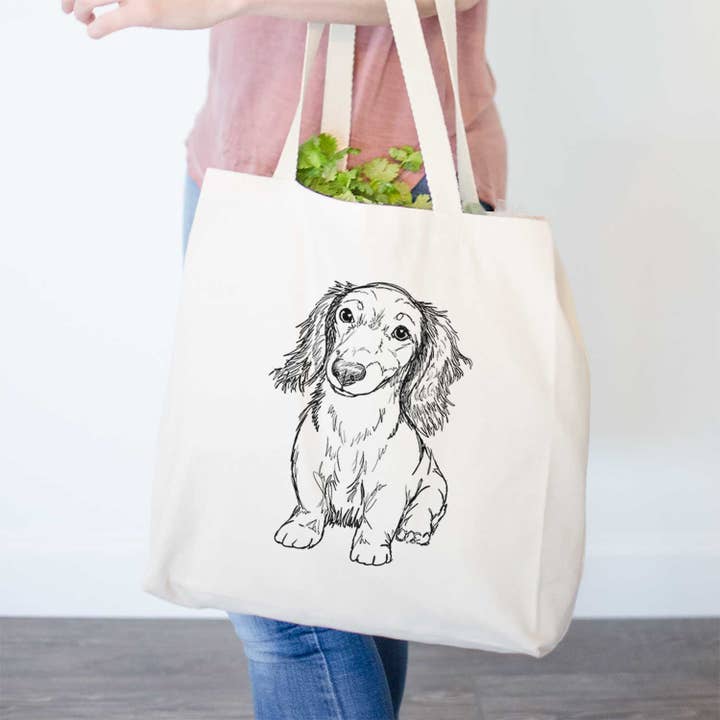 Beige Doodled Sweetie the Toy Long Haired Dachshund - Tote Bag for wholesale on Faire