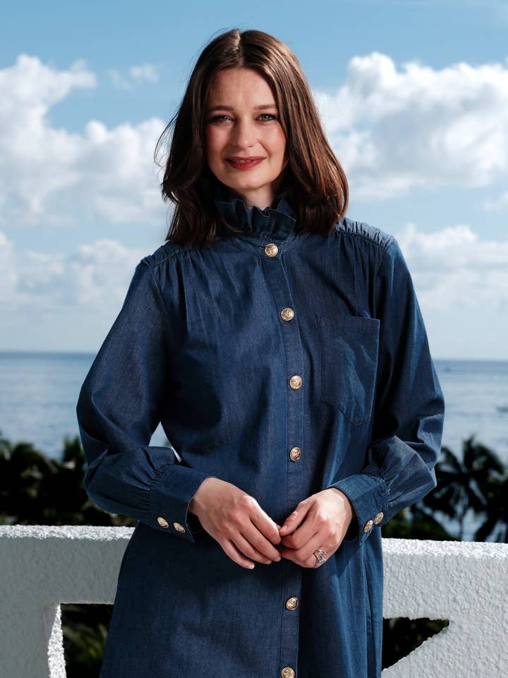 Denim Tunic with Ruffle Neck and Side Pockets for wholesale by Dizzy-Lizzie