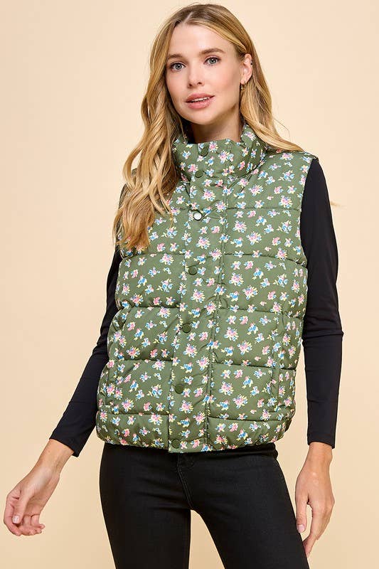 OLIVE CV1210-Gilet doudoune zippé à imprimé floral sur le devant en vente sur Faire1