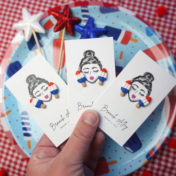 Branch Alley - Vente Clous d'oreille - Clous en forme de popsicle rouge, blanc et bleu