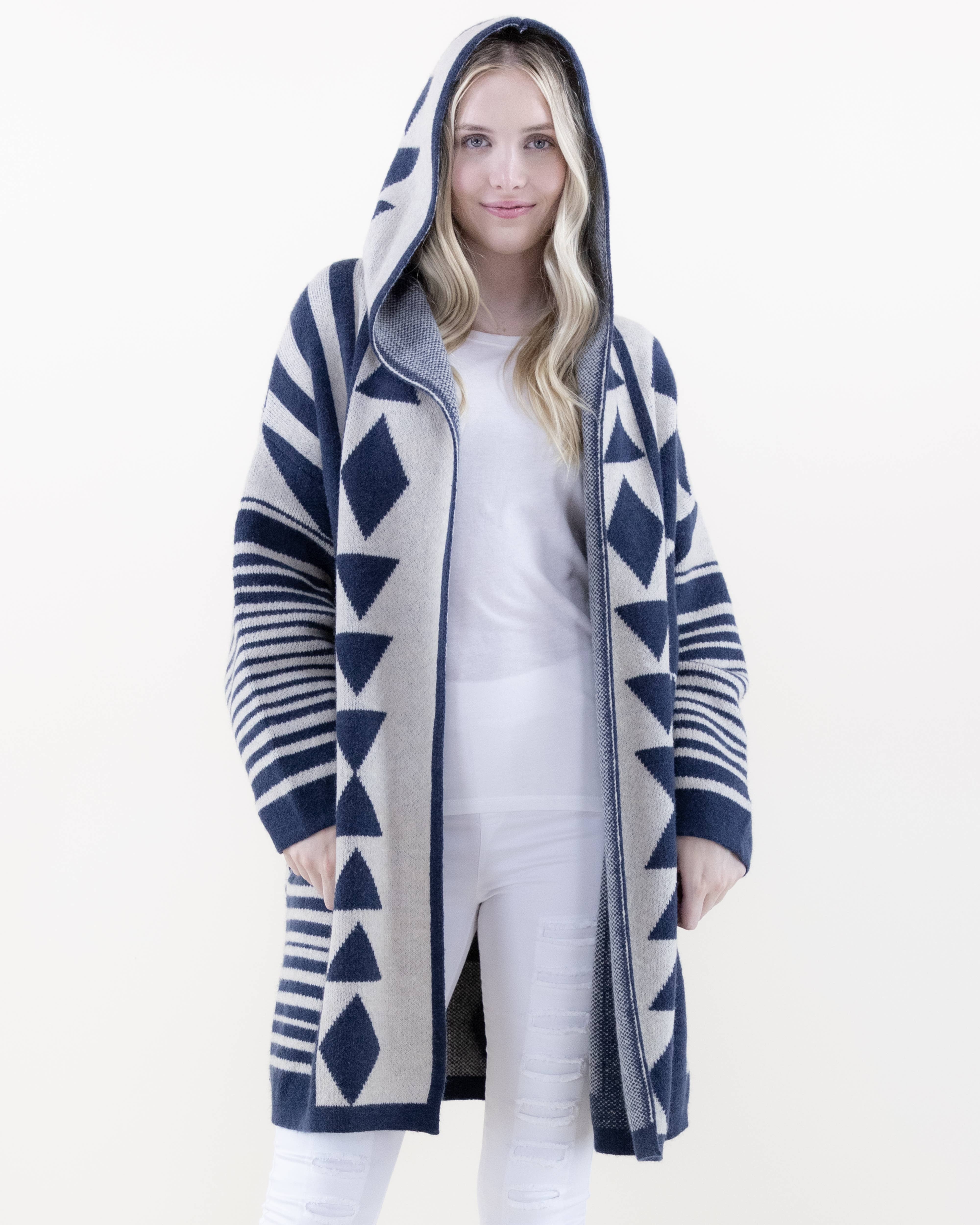 Original USA - Wholesale Cardigan - Women's - Comfy & Oversized Geometric Hooded Cardigan11