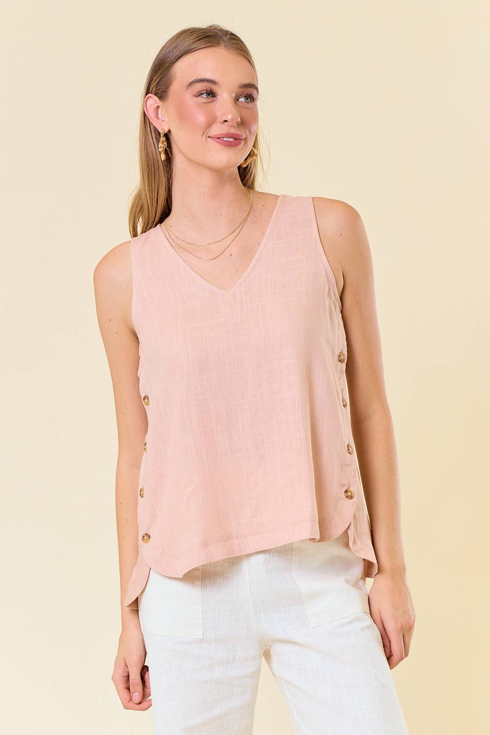 Peach Blush Double V-neck Top With Side Placket - 40573T for wholesale on Faire1