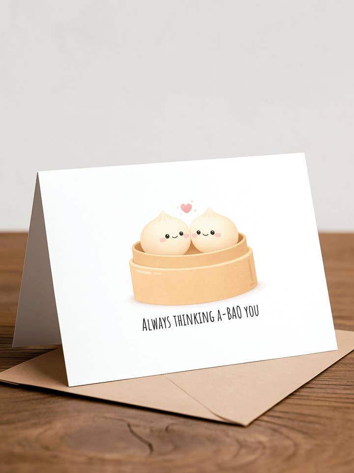 Tarjeta de felicitación Bao: 'Siempre pensando en TI-BAO' juego de palabras para venta al por mayor de Chewy Lemon Studio