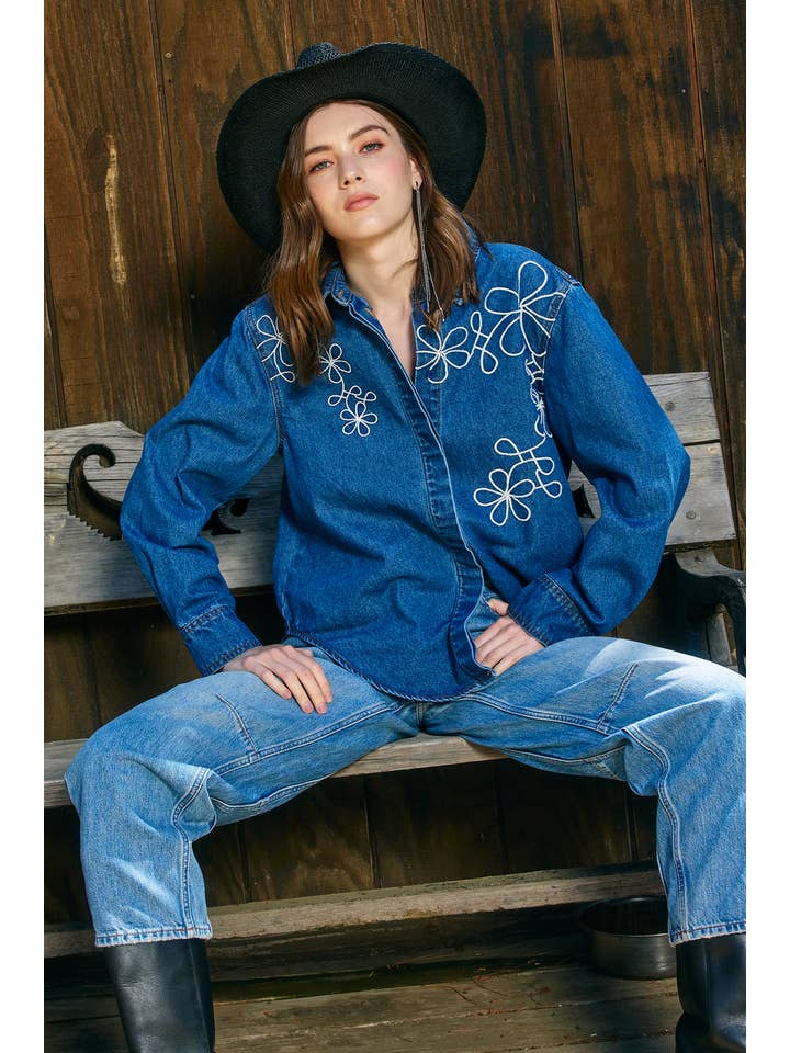 Denim Shacket with Embroidery - RT1127 for wholesale on Faire3