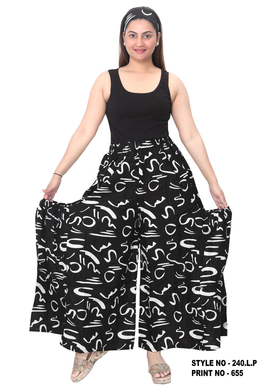 India Batik - Wholesale Pants - Women's - 240 Big Pocket Palazzo Pant Print Black/White 6552