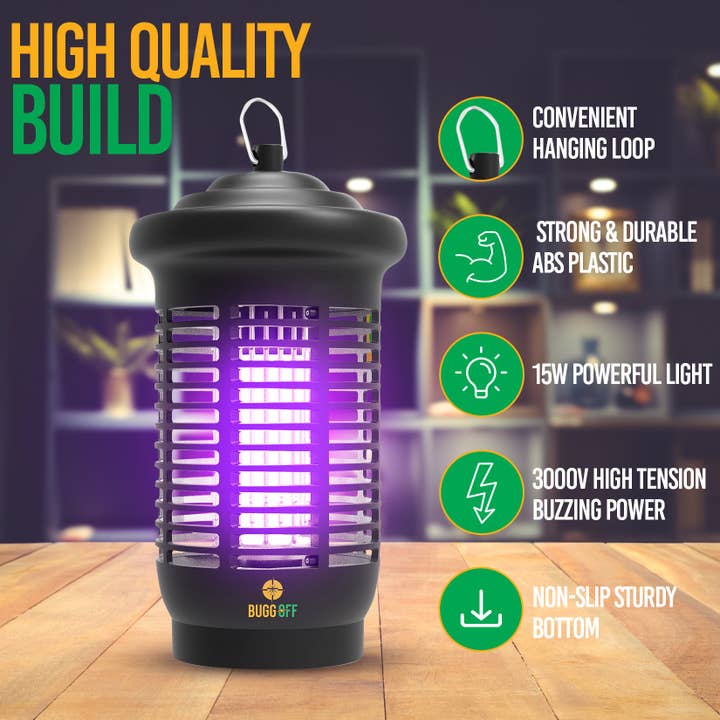 BUGGOFF - Wholesale Insect Repellent - Outdoor Electric Bug Zapper, 1000 SQFT Coverage, 3500 Volts of Power, 20 Watts, Kills Mosquitos Gnats, Flys & More. 5 Year Warranty, X2 Free Repalcment Bulbs (Outdoor 1000 SQFT)2