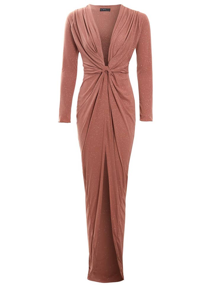Clara - Nude - Glittery Plunge Front Knot Floor Length Dress for wholesale on Faire