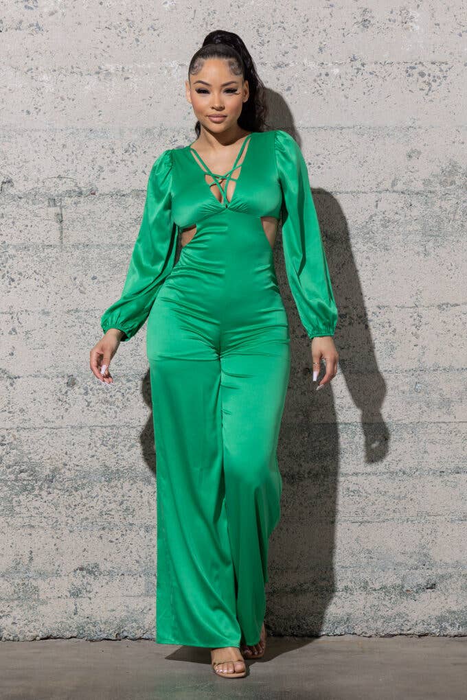 Melrose with Love - Wholesale Jumpsuit - Women's - STRETCHY SATIN JUMPSUIT WITH LONG PUFFY SLEEVES4