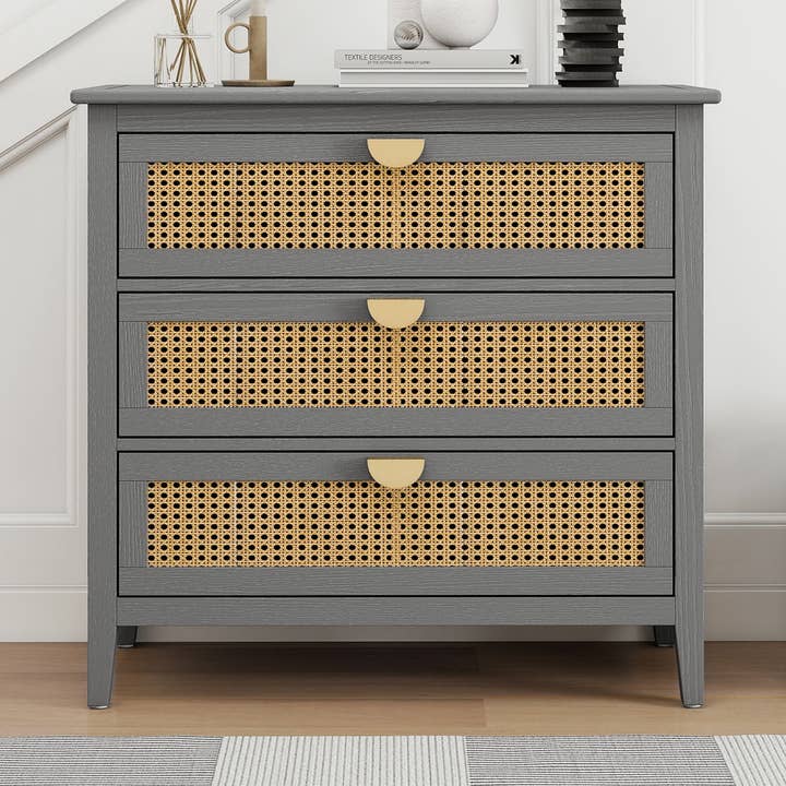 39F Inc. - Wholesale Cabinet - Gray 3-Drawer Cabinet with Natural Rattan Fronts0