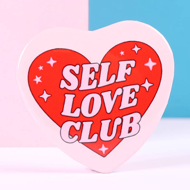 Self Love club heart shaped pin back buttons for wholesale by Desi design and chai