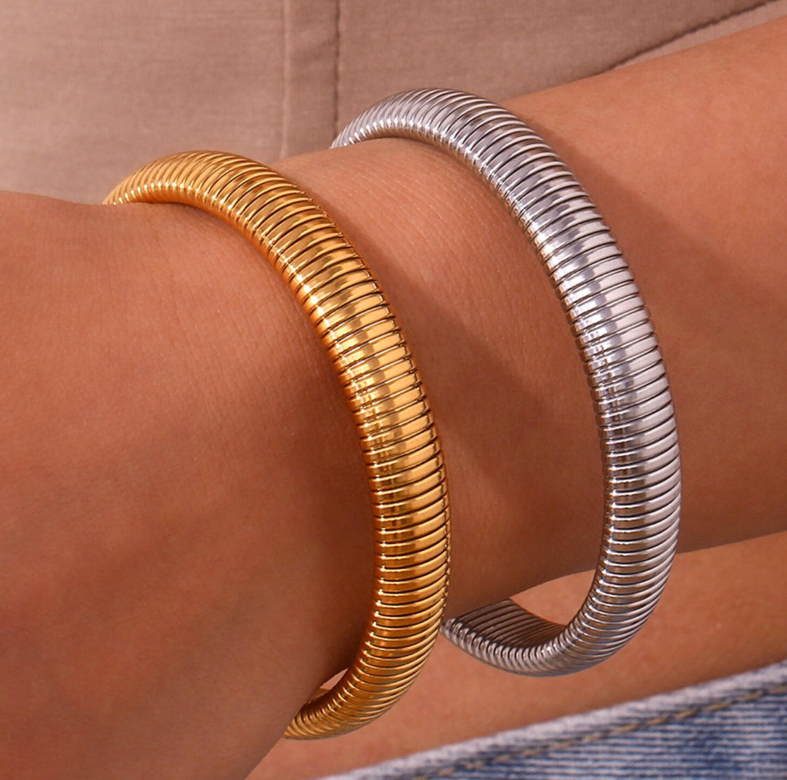 HoopLa - Wholesale Bangle Bracelet -  Cobra Tobogas Omega Stretch -Waterproof- 14K Gold-PVD6