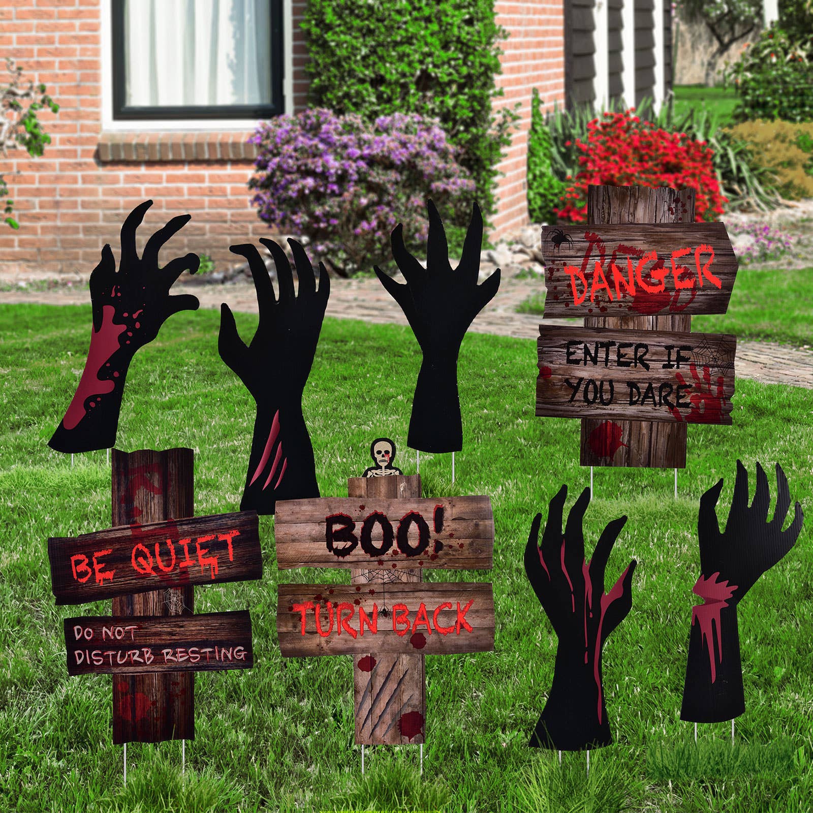 Fun Little Toys – Sinalização ao ar livre por atacado – Conjunto de 8 Placas de Jardim de Halloween com Mãos Sangrentas7