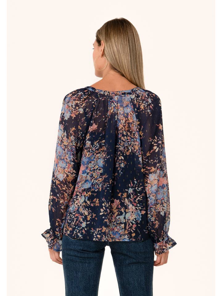 Navy Dusty Blue Lurex Floral Button Front Long Sleeve Blouse for wholesale on Faire