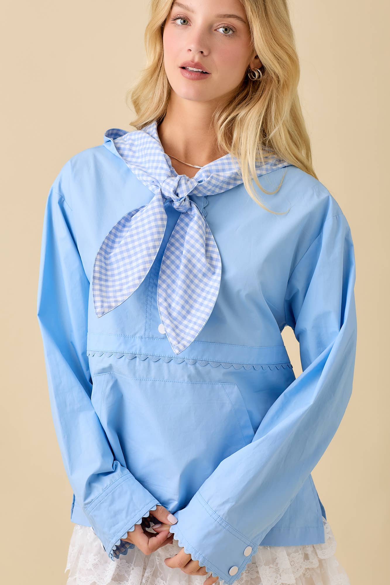 Main Strip - Wholesale Windbreaker - Women's - Windbreaker Jacket With Hoodie And Neck Tie Detail0