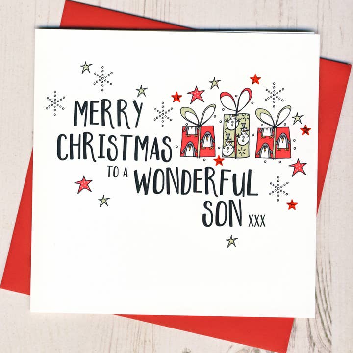 Biglietto di auguri di buon Natale a un figlio meraviglioso per la vendita all'ingrosso da parte di Eggbert & Daisy