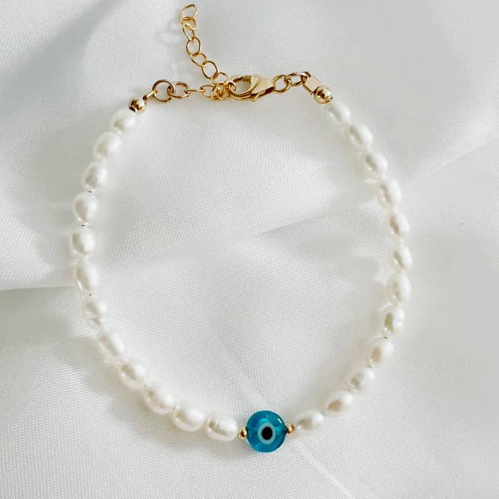 Ocean Eyes Evil Eye Pearl Gold Filled Beaded Bracelet for wholesale by True by Kristy Jewelry