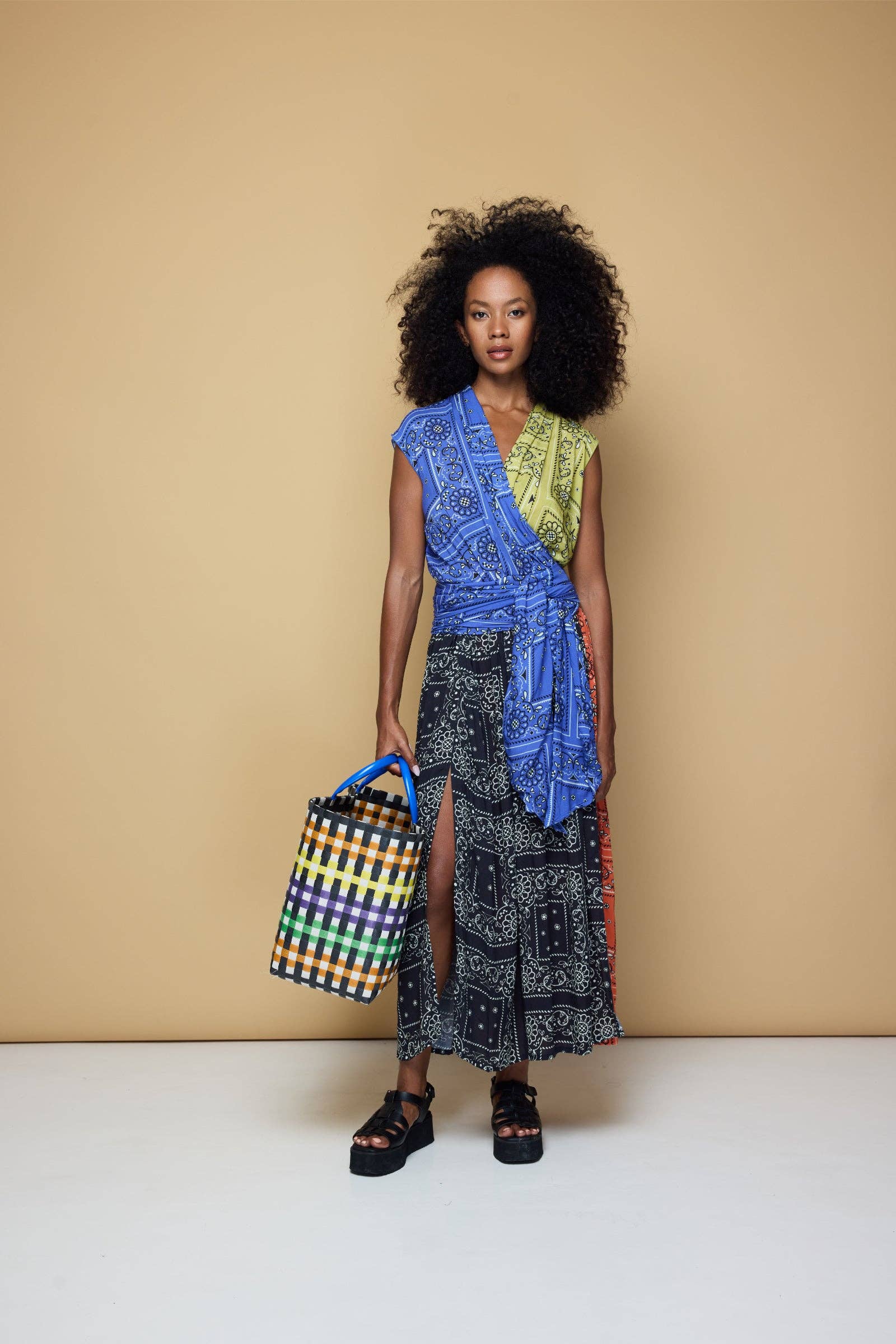 State of Georgia - Wholesale Dress - Women's - THE POINT DRESS MAXI - PATCHWORK BANDANA BLUE/LIME/BLACK/ORG4