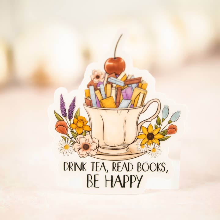 Savannah and James Co - Wholesale Sticker - Drink Tea, Read Books, Be Happy, Vinyl Sticker, 3x3 in.