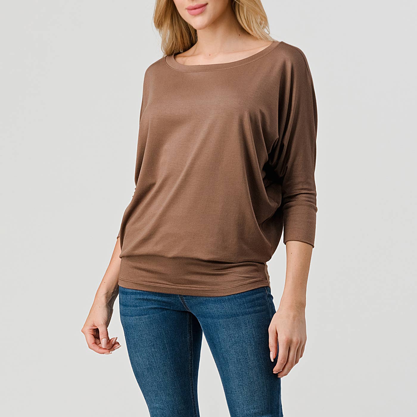 Heimious - Wholesale Knit Top - Women's - 3/4 Dolman Sleeve Round neck Modal Jersey  Top, 250319