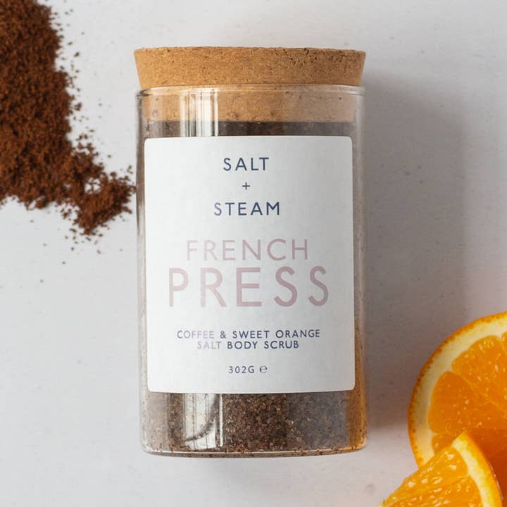 French Press - Coffee & Orange Body Scrub 302g for wholesale by Salt + Steam