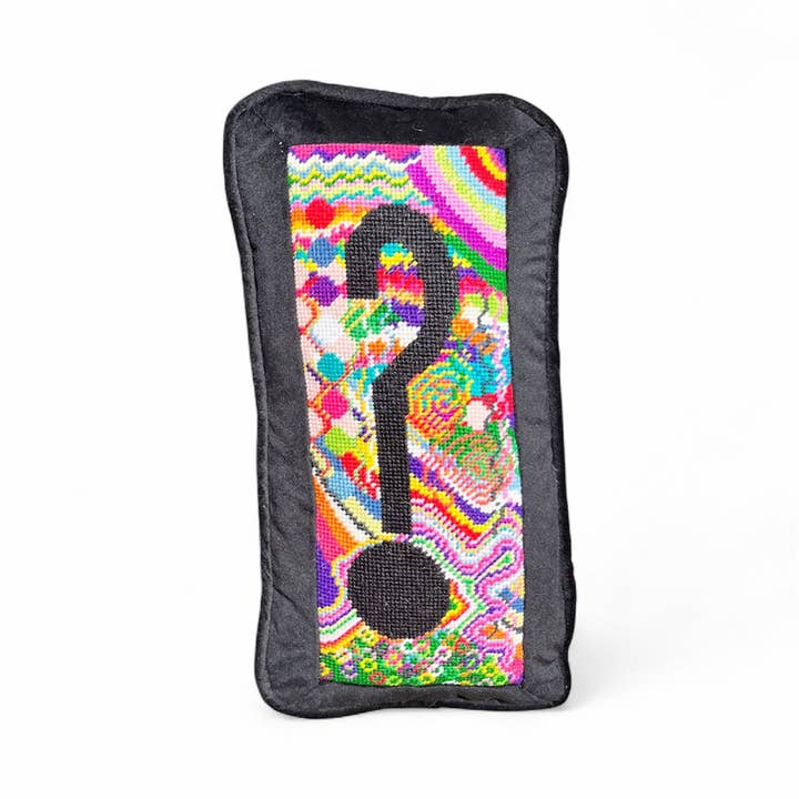 hand-embroidered needlepoint HUH? pillow, OOAK for wholesale by Mommani Threads