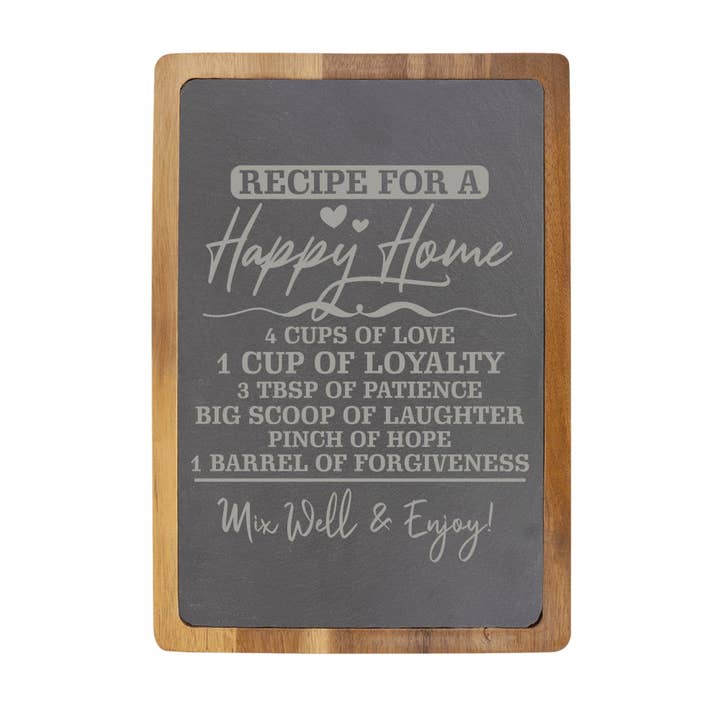 Recept för ett lyckligt hem Akaciaträ & Skiffer Skärbräda för wholesale av Beach, Cats & Wine