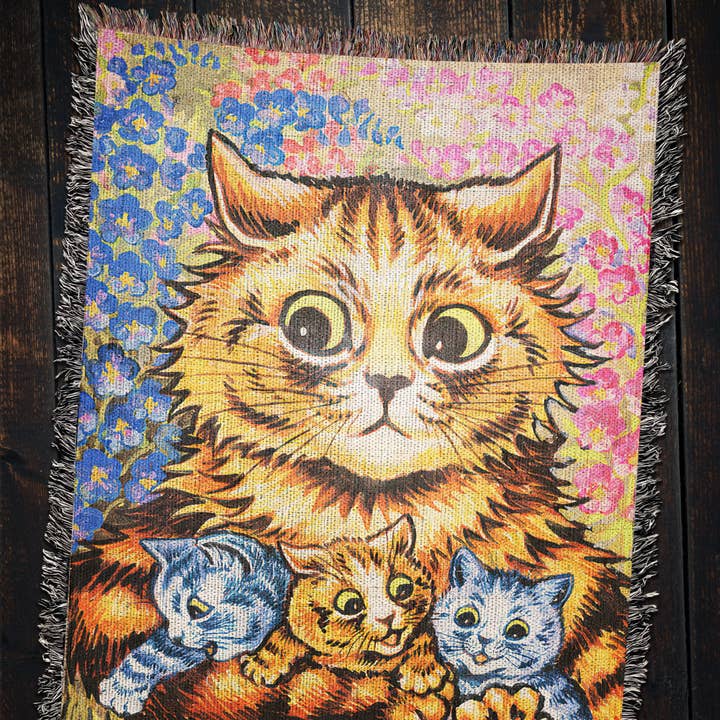 Coperta tessuta Louis Wain Cat Family, madre e gattino per la vendita all'ingrosso da parte di Killer Goods • Woven Blankets, Gifts, Home Decor