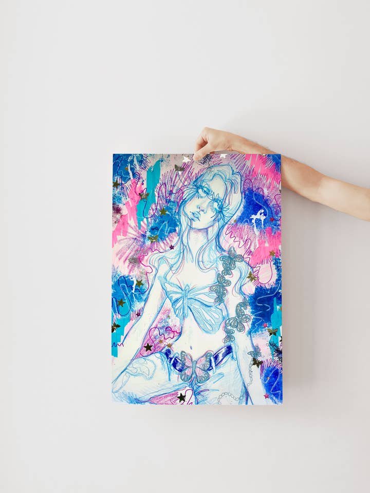 Blå Sommerfugl Eklektisk High Fashion Portræt Kunsttryk for engroshandel hos Rhinestone Rodeo Art