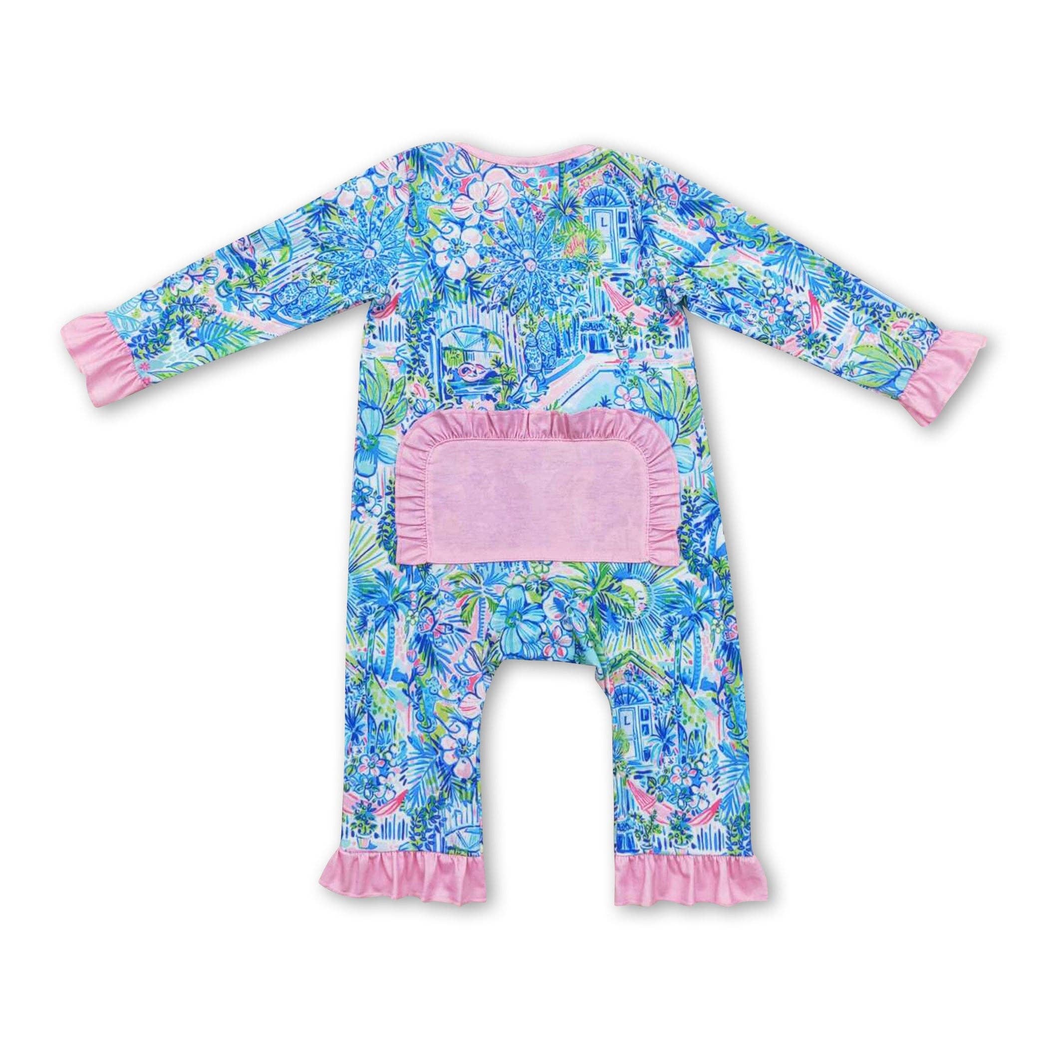 Yawoo Garments - Wholesale Jumpsuit - Baby - Pink ruffle watercolor blue floral baby girls zipper romper2