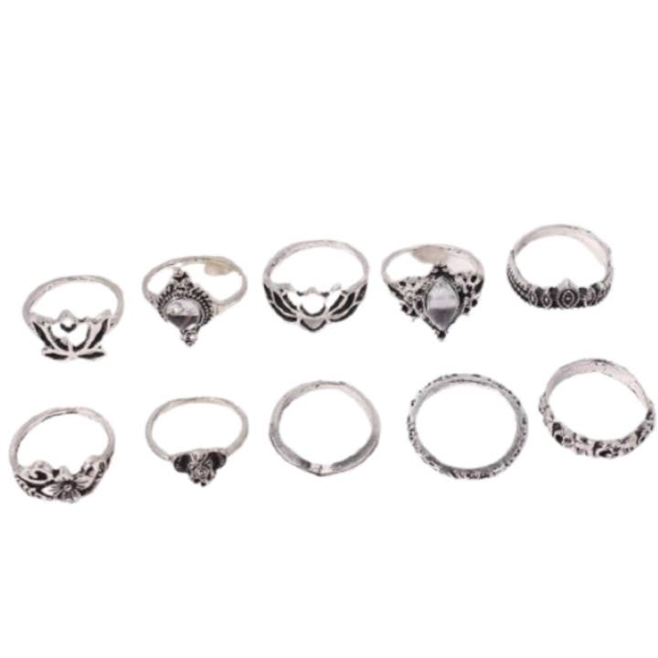 Anelli a forma di loto color argento ossidato (set di 10) per la vendita all'ingrosso da parte di BESHEEK JEWELRY