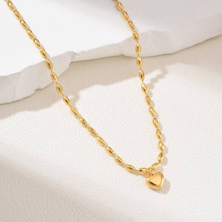 Gold Filled Stainless Steel Heart Rice Bead Necklace, SNL026 for wholesale by findings4uGem