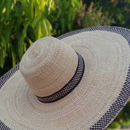 Ghanaian Straw Hats With Wide Brim Band & Leather Strap- Blue & Tan for wholesale by The African Home Goods