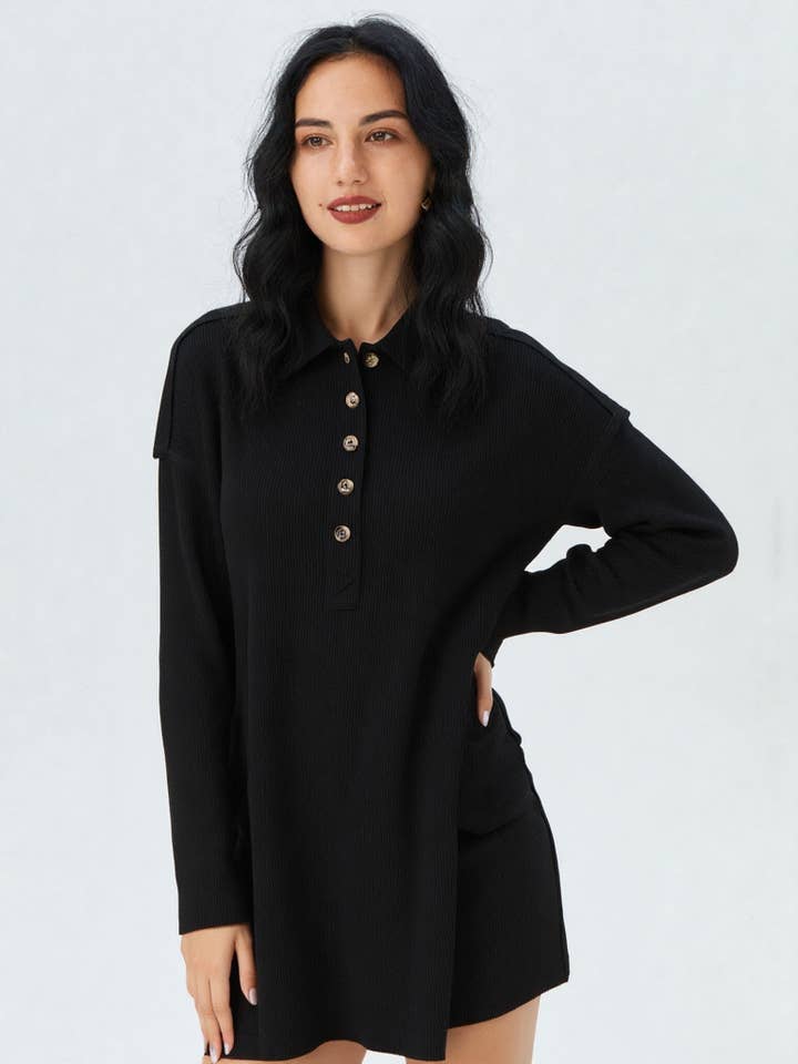 VERY J - Wholesale Dress - Women's - ND31005-Casual Shirt Collared Knit Henley Mini Dress4