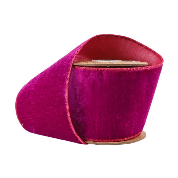 4" Wired Premium Velvet Ribbon | Hot Pink w/ Pink Dupioni Backing | 5 Yard Roll
 for wholesale by LA Ribbons Wholesale