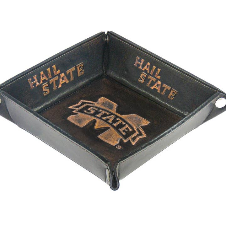 Mississippi State Bulldogs Men's Collegiate Valet Tray, Catch-all, Desk Organizer, Nightstand Tray. Burnished Full Grain Leather Finish. for wholesale by Zep-Pro