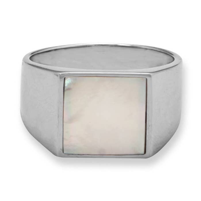 Rhodium Plated Mother of Pearl Square Signet Ring for wholesale by Silver Stars Collection