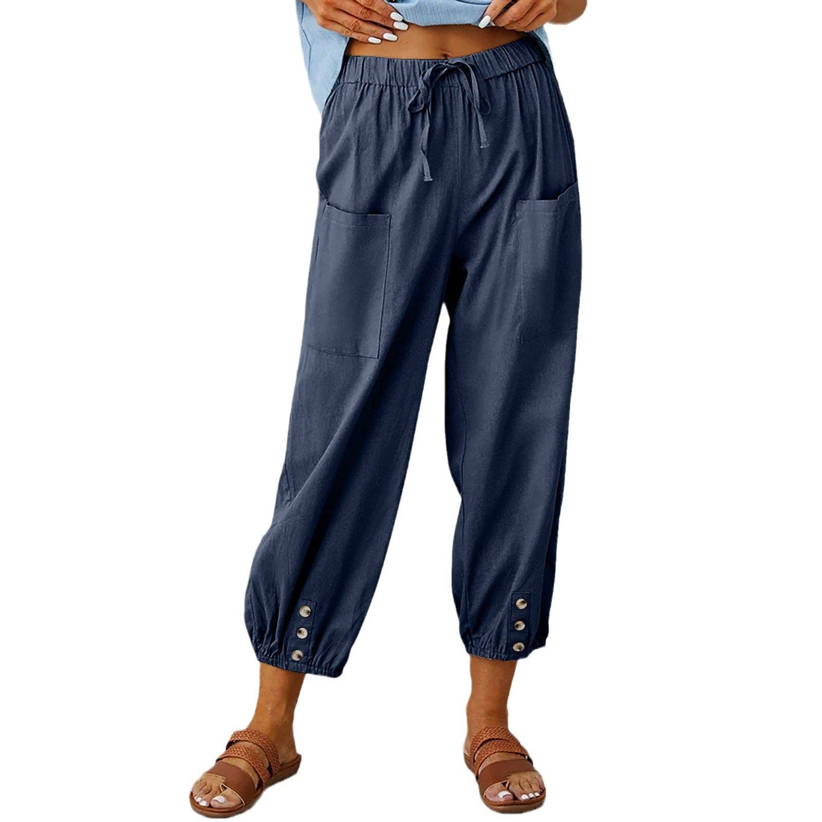 safistyle - Wholesale Pants - Women's - Loose High-Waist Buttoned Cotton Linen Wide-Leg Pants6