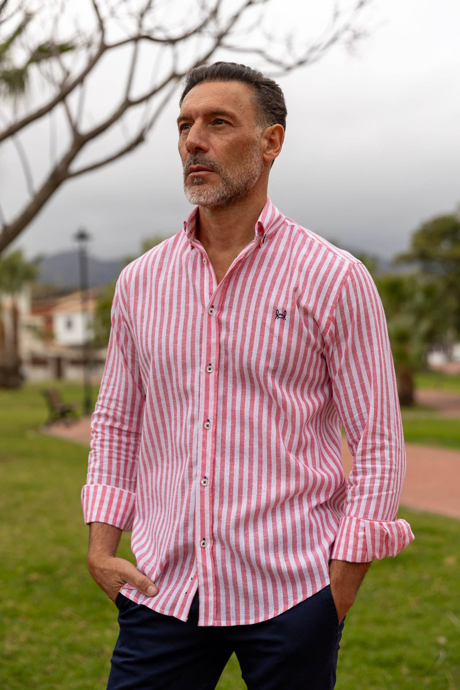Custi Mikelo: Made in Spain - Wholesale Button Down Shirt - Men's - Pink Striped Linen Shirt | Baza1