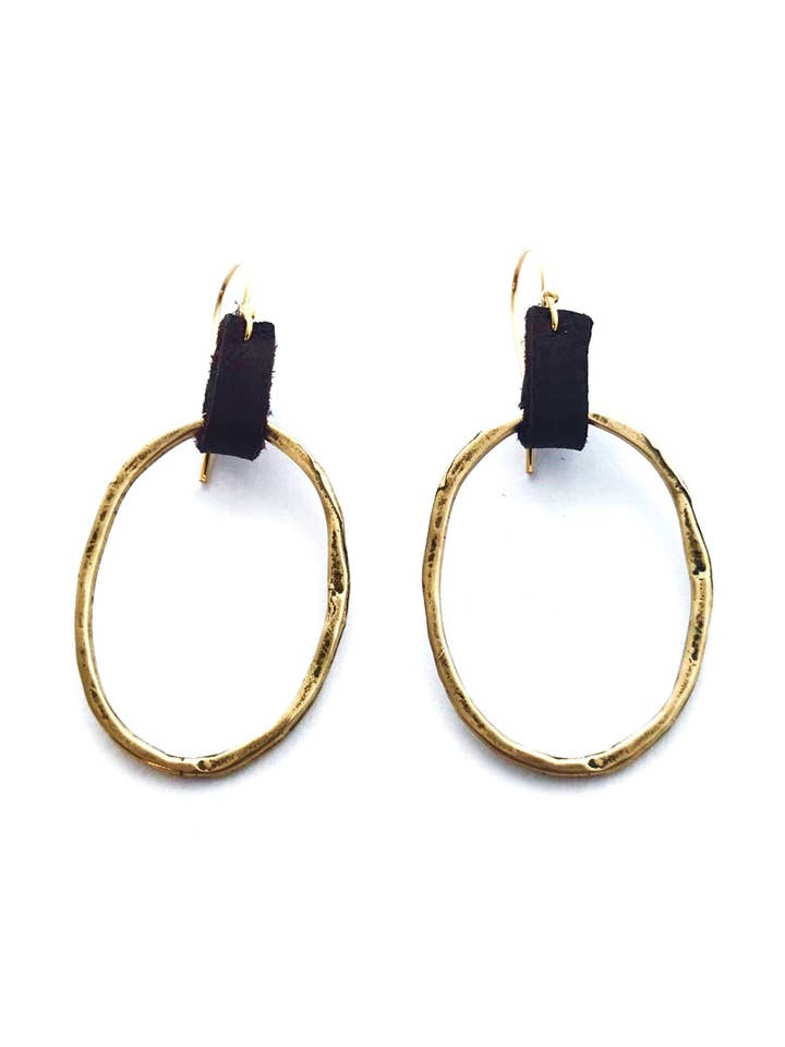 Oblong Hoop on Leather Tab Earrings Medium for wholesale by CLP Jewelry