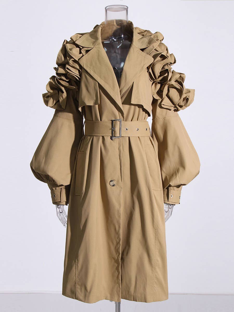 Khaki CT020 Women's Shoulder Ruffle Commuter Knee Length Coat for wholesale on Faire4