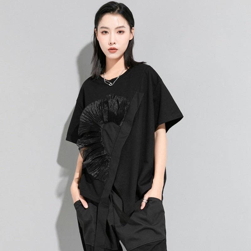 FurDecoration - Wholesale T-Shirt - Women's - Design Of Irregular Short Sleeve T-Shirt With 3D Flower Pattern0