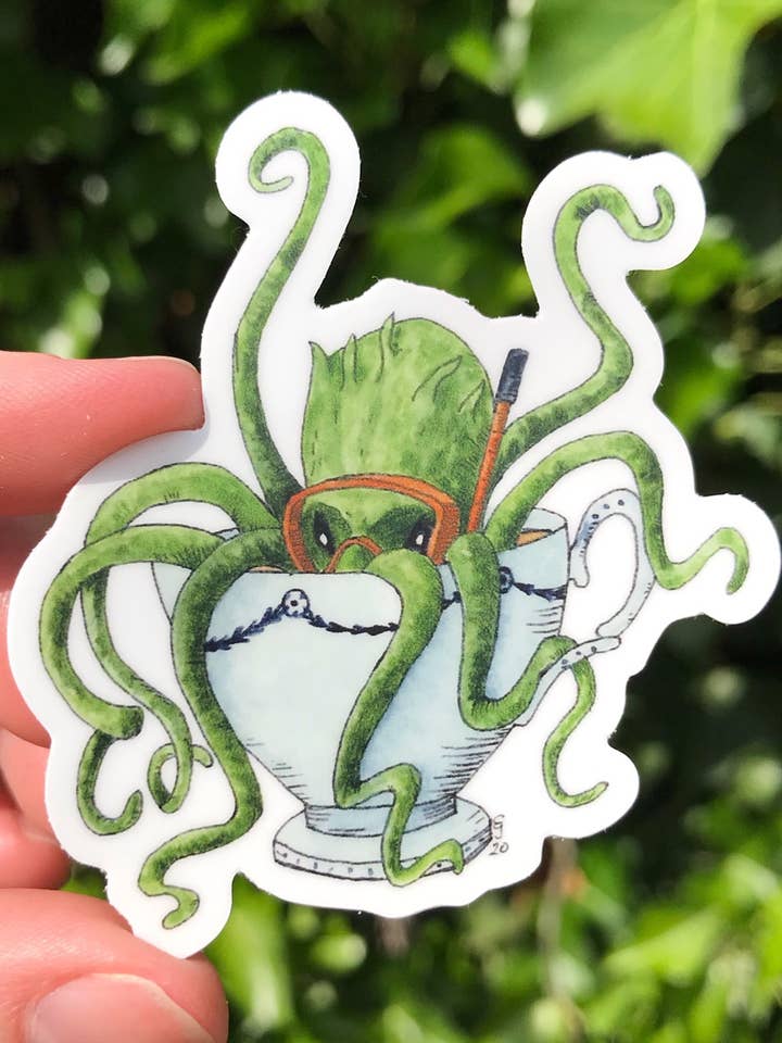 Kraken in a Teacup Sticker for wholesale by Lizzy Gass