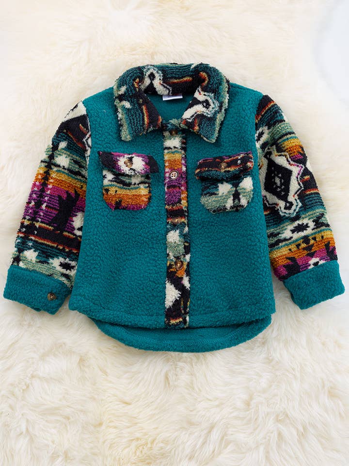 Teal sherpa shacket with geometric printed sleeve. TPG60153006 AMY for wholesale by Kids Charm Online