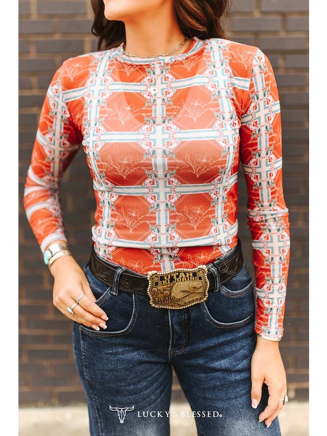 LUCKY & BLESSED - Wholesale Blouse - Women's - Orange Ivory Western Long Sleeve Stretch Mesh Top1