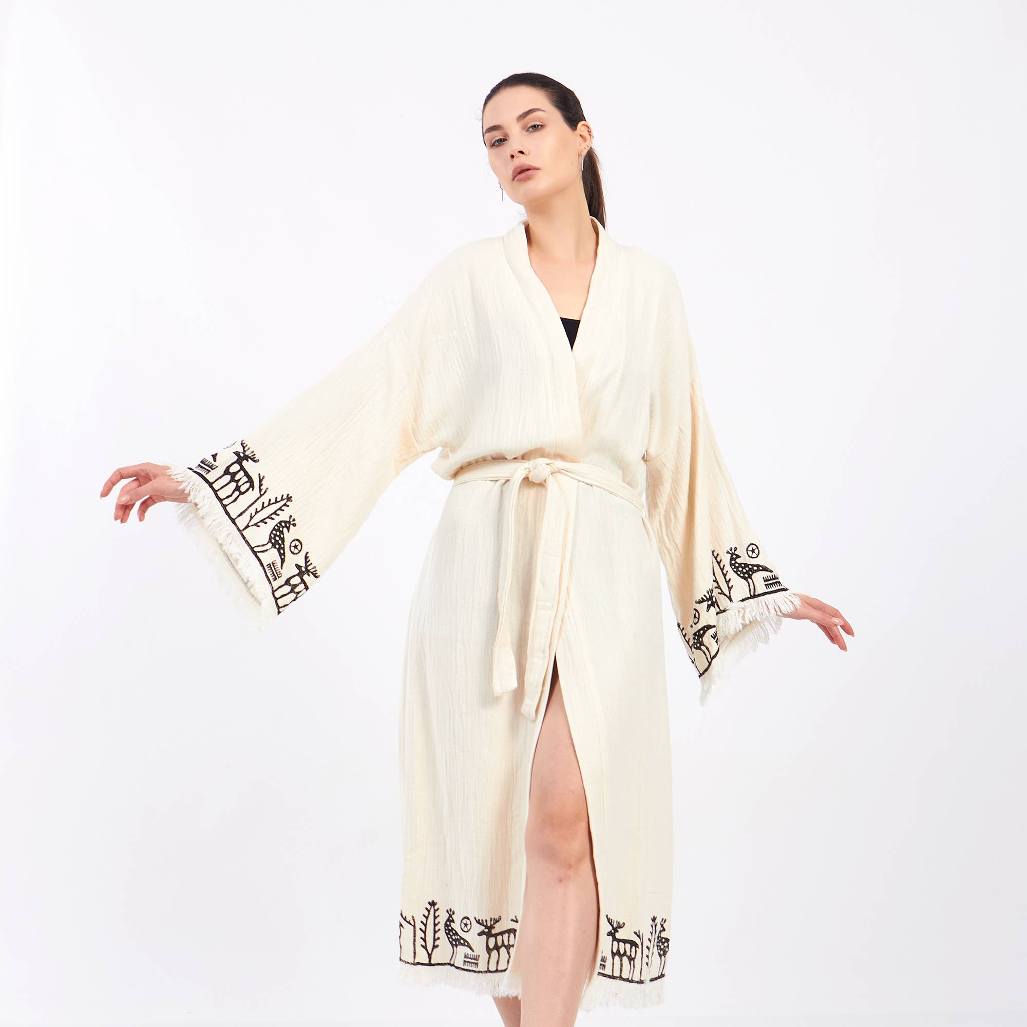 Yaz Concepts - Vente Kimono – femme - Peignoir kimono blanc en coton à motif primitif biologique turc11