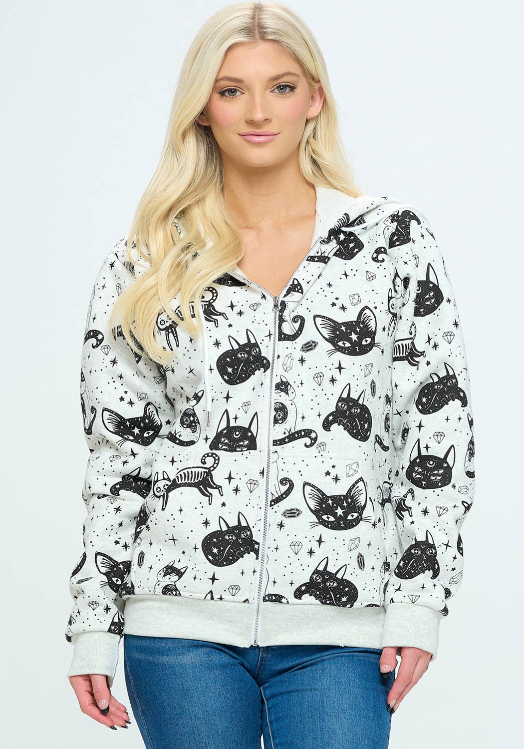Wholesale Crystal Cat Print Zipper Hoodie for your store - Faire